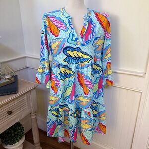 Mary Square Tropical Leaf Tiered Babydoll Dress Mint Green Multicolor Large